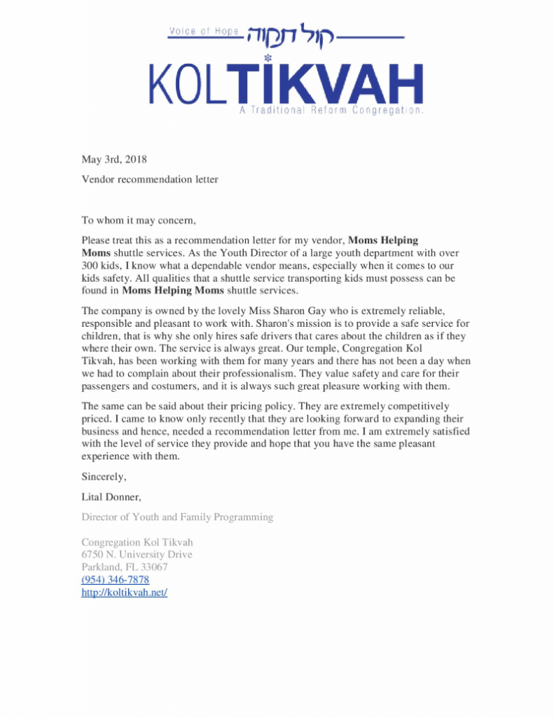 MHM recommendation letter from KolTikvah